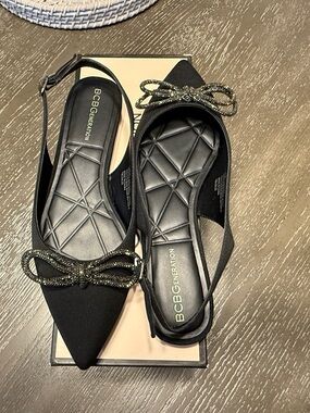 BCBGeneration Black Pointed Slingback Flats with Crystal Bow Detail